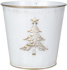 15cm Metal Christmas Tree Embossed Plant Pot Tin Pail Planter Gold White Decor 