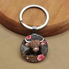 Highland Cow Pink Flowers Handmade Fashionable Keyring Handcrafted Gift
