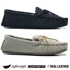 MENS LEATHER SLIP ON SLIPPERS INDOOR LINED WARM COZY WINTER MOCCASIN MULE SIZE