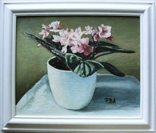 Pretty pink African violets Saintpaulia original floral still life oil painting 