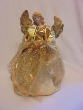 VINTAGE CHRISTMAS TREE FAIRY ANGEL GOLD DRESS WINGS HARP TOPPER DOLL - LARGE