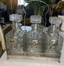 Vintage Metal Tantalus With 3 Glass Decanters And Spirit Bottle Tags