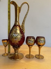 Venetian Murano Hand Painted Gold and Ruby Red Glass: Large Vase & 3 Glasses