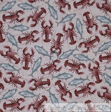 BonEful Fabric FQ Cotton Quilt Brown Gray Fish Red Lobster Seafood Retro Kitchen
