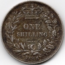 1845 Shilling, Queen Victoria Young Head Silver Coin, Good Grade.