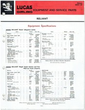 RELIANT SCIMITAR 2.5 3.0 REGAL REBEL FW5 TW9 CL10 CL12 CL15 '68 LUCAS PARTS BOOK