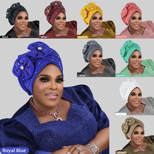 Women Pre-Tied Flower Rhinestone Turban Cap African Auto Gele Headtie Bonnet Hat