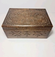 Antique Hand Carved Wooden Sewing box with Pink Lining Interior + Full Contents