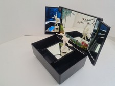 Black Lacquer Music Jewelry Box  Dancing Couple 1940 Floral Design Swans in lake