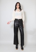 Vintage 70's Soft Black Leather Flare Fringed Ladies Trousers Medium Retro Boho