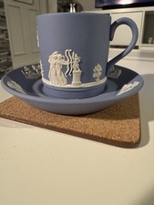 Wedgwood Blue Jasperware Demitasse Teacup & Saucer Roman/Cherub Pattern