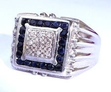 Men's Square 9ct White Gold Sapphire & Diamond Statement Signet Ring, Size R