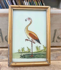Indian Flamingo Bird Vintage Reverse Glass Painting in Bold Colors - 17 x 12 cm