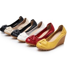 New Womens Ladies Mid High Wedge Heels Work Party Bow Pumps Casual Court Shoes