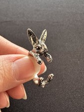 Cute Peaking Bunny Rabbit Wrapped Ajustable Silver Tone Metal Ring Size Q