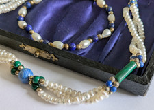 Vintage real cultured pearl/ malachite/ lapis lazuli necklace