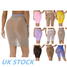 UK Womens See Through Glossy Pencil Skirts Lace Trim High Waist Bodycon Skirts