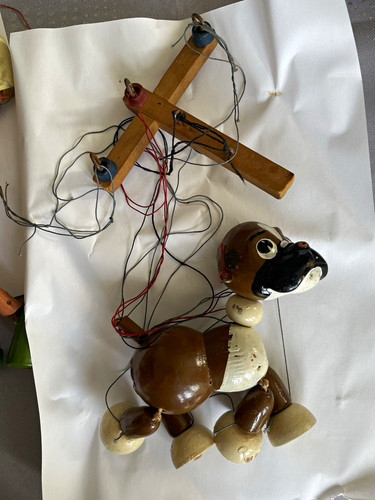 Vintage wooden dog - wooden, string