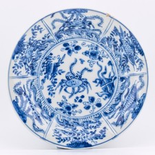 Chinese Porcelain Saucer Blue White Fish Crab Qing Kangxi Mark Coin Shell 18th C