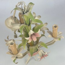 Vintage French 3 Arm Toleware Light with Green Metal Leaves & Pink Tint Flowers