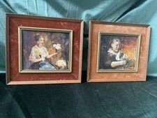 Pair of Framed Vintage  Oil on Board Paintings In Oak And Velvet Frames Signed