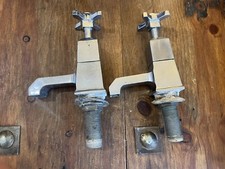 SUPERB PAIR OF ART DECO CHROME BASIN TAPS WITH CERAMIC TOPS..