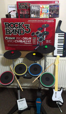 RARE! PS3 WIRELESS ROCKBAND 3 PRO DRUM +CYMBALS KIT, GUITAR & KEYBOARD 3xDONGLES