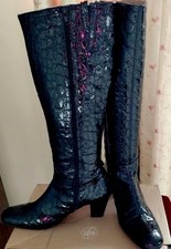 Fab Mock Croc Patent Leather Black Boots 17” High 2.5” Heel. Size 6.5/40 VGC