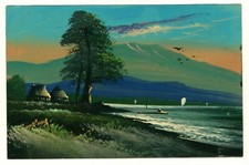 Japan Hand Painted Oil Postcard Table Mountain Big Tree 2 Houses Boat c.1920