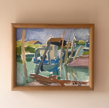 Vintage original Swedish oil painting “CANAL BOATS”  colourful framed & signed