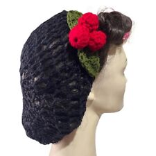 1940s Black Hair snood hairnet Christmas Hair Accessory Red Berries Vintage