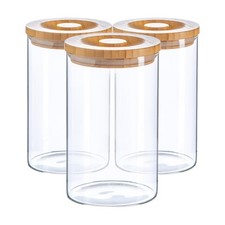 3x Scandi Storage Jar & Wooden Lid Modern Food Kitchen Container 1 Litre Clear
