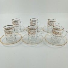 Mini Glass France Italy Tea Demitasse  Mug Set Gold Design Trim With Plates