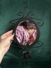 Gothic Black Wrought Iron Mirror & Candlestick Wall Sconce Vintage Candle Holder