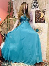 Vintage 70s 80s Dress Size 8 Teal Blue Designer Mike Benet Sequin Ball Gown