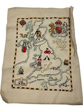 Vintage Embroidered British Isles Map Cloth Collectible Art Piece