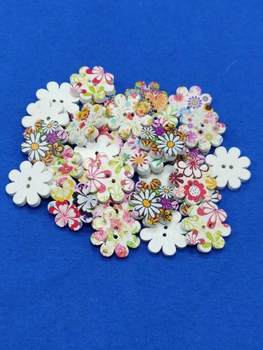 Flower buttons wooden - wooden, mixed