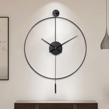 Silent Large Wall Clock with Pendulum - Modern Non-Ticking Metal Decor 24"