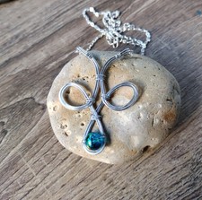 NECKLACE  PENDANT HANDMADE SILVER CRAFT WIRE WITH AQUA COL GLASS BEAD