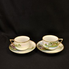 Nippon M-in-Wreath Set 2 Cups & Saucers 1911-1918 Tree in Meadow Cabin w/Gold