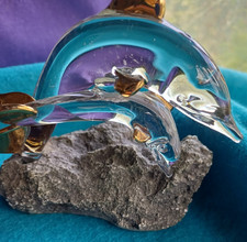 Vintage Leaping Glass Dolphins Ornament  by MAYFLOWER GLASS. Clear w gold fins