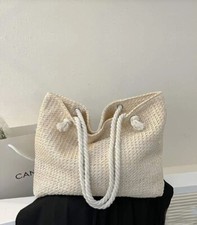 Womens Beige Minimalist Simple Large Capacity Straw Bag Beach Summer Holiday