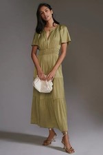 Anthropologie Satin Somerset Maxi Dress Women’s Size XS Olive Green 