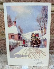 Vtg Christmas Horse Drawn Carriage Snow  1940s Used Greeting Card (EB10567