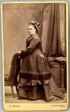 CDV LADY IN FANCY BONNET BY JONES LIVERPOOL ANTIQUE VICTORIAN PHOTO CURTAIN