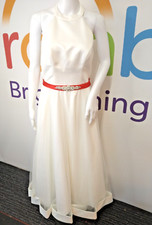 Emma Bridals Ivory Satin Banded Tea-Length Bridal Wedding Dress w/ Red Sash UK 8