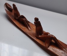 Vintage hand carved wooden boat/raft/canoe with two oarsmen, great condition!