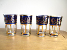 Vintage Cobalt Blue & Gold Glasses 4 Tea Drinking Tumblers Dainty 9.5 cm Tall