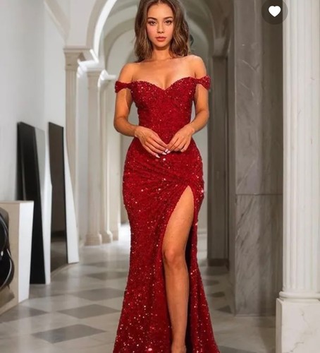 Red sparkly satin prom dress