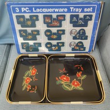 Japanese Hand Decorated 3 Piece Lacquerware Tray Set Serving Trays Purple Floral